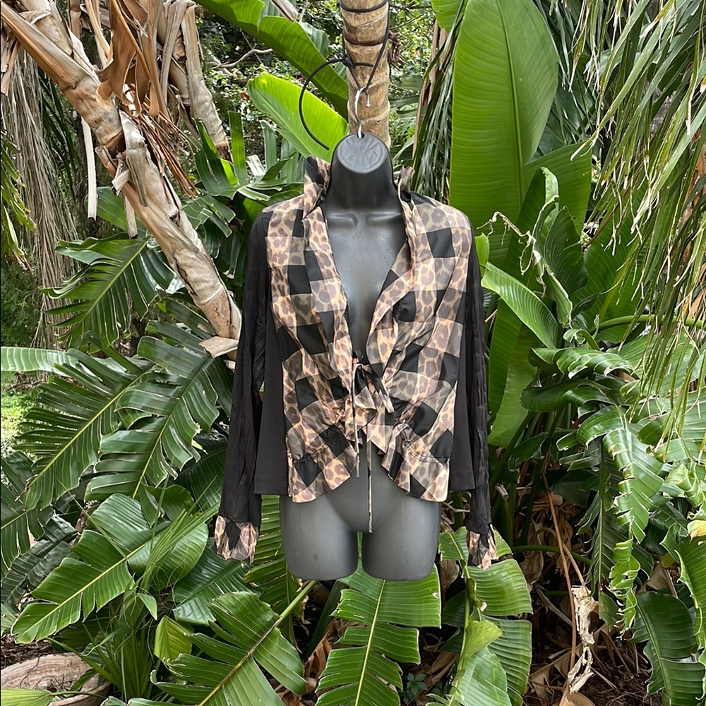 plaid, leopard print top or jacket with tie front